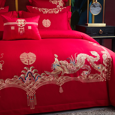 高档新中式刺绣婚庆四件套大红色被套床单婚嫁床上用品结婚六件套
