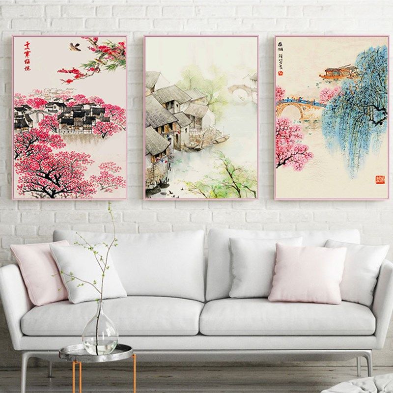 2024新款线绣十字绣江南水乡三联画客厅餐厅画大幅自己绣手工简单