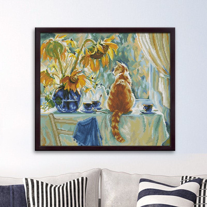 油画猫与向日葵 新款十字绣套件 客厅卧室 精准印花