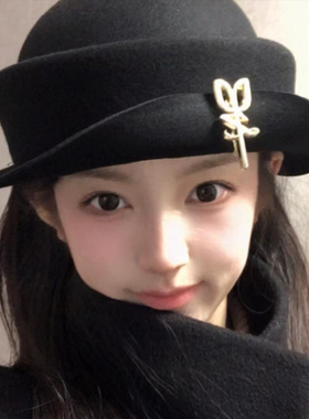 法式赫本风纯羊毛礼帽女黑色