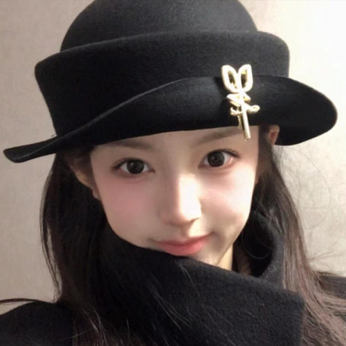 法式赫本风纯羊毛礼帽女黑色