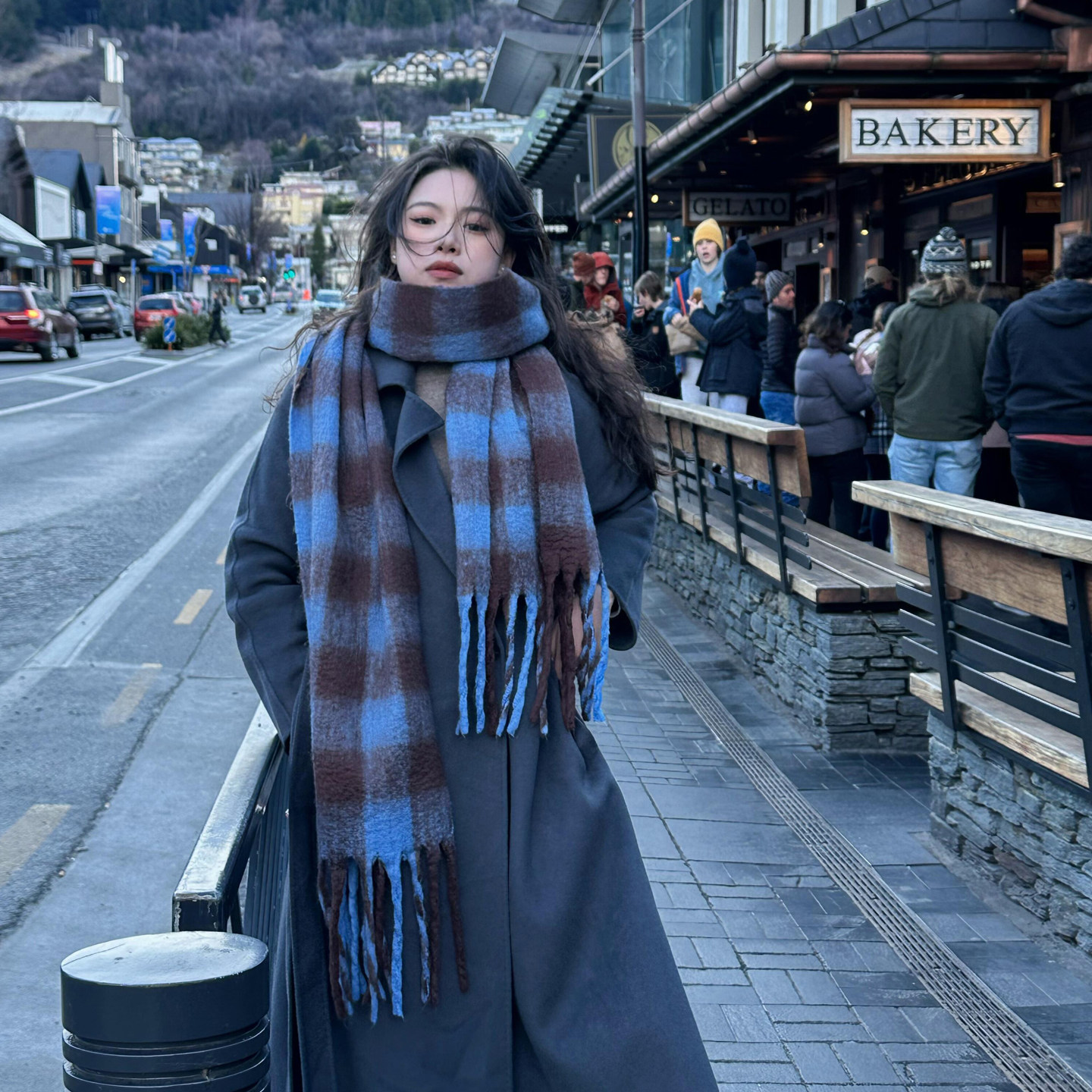 虞书欣同款格子围巾冬季时尚百搭蓝色加厚披肩学生海马毛保暖围脖