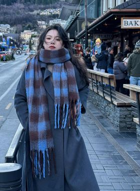 虞书欣同款格子围巾冬季时尚百搭蓝色加厚披肩学生海马毛保暖围脖
