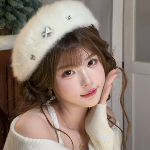 千金毛绒贝雷帽蝴蝶结女