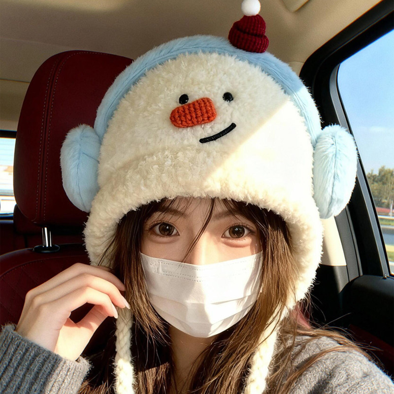 可爱卡通小雪人毛绒帽保暖2025新款加绒加厚护耳百搭防风防寒帽子