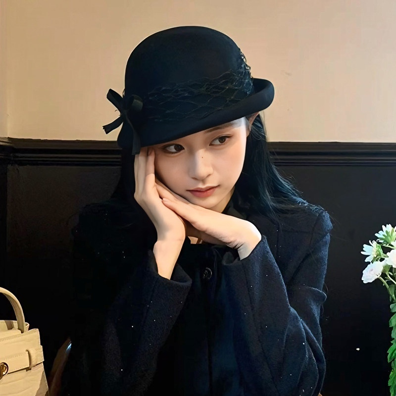 法式蕾丝蝴蝶结贝雷帽女含羊毛复古渔夫帽冬季赫本风圆顶千金礼帽