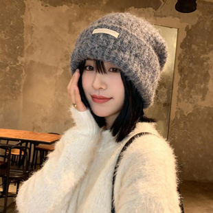 毛线堆堆帽含羊毛秋冬大头围百搭灰色冷帽保暖帽子情侣护耳针织帽