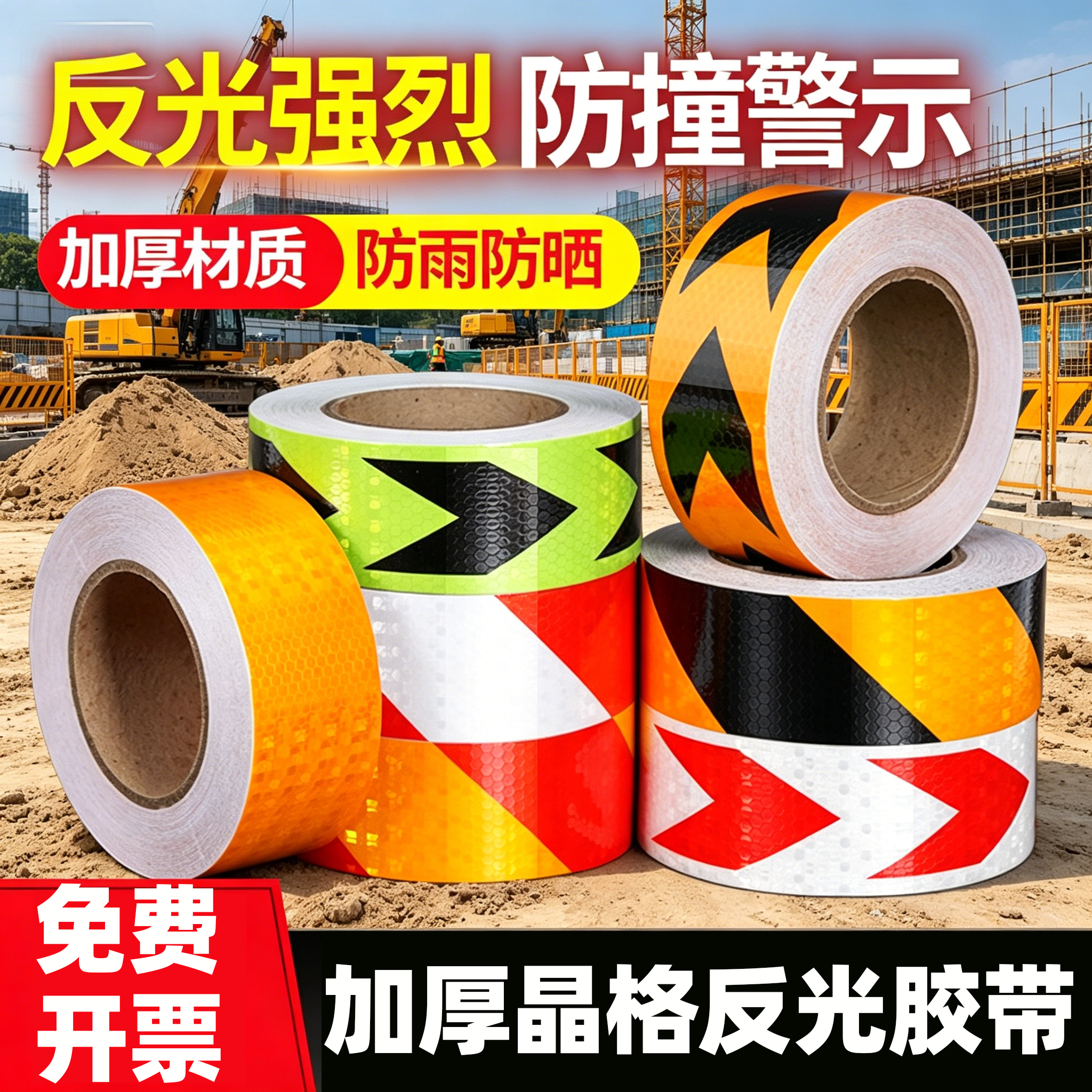 反光晶彩格警示胶带黑黄红白黄色超亮夜间防撞醒目道路交通反光膜