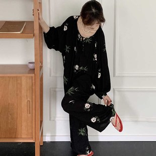 可外穿黑色长袖 睡衣女网红风高级感大码 亲肤阔腿裤 家居服棉绸套装