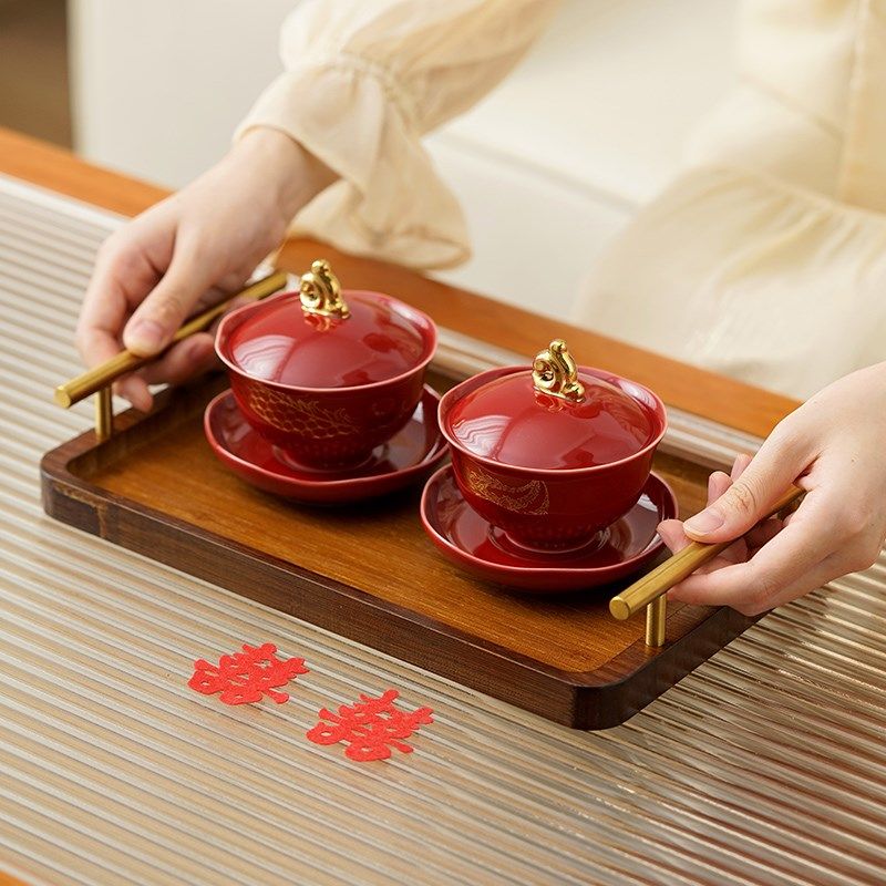 新人结婚敬茶杯套装金线边龙凤呈祥茶杯组合 红色改口敬酒杯带礼图片
