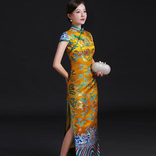2021秋高端织锦缎龙袍旗袍高开叉模特队走秀演出服活动旗袍加厚