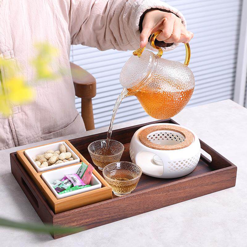日式锤纹玻璃花茶壶蜡烛煮茶胡桃木酒店托盘点心盘下午茶茶具套装