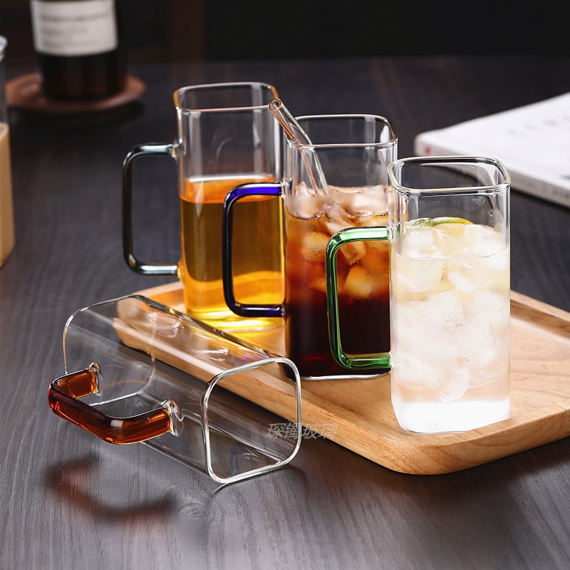 方形玻璃水杯透明杯子耐高温带吸管果汁杯家用带盖带把手茶杯