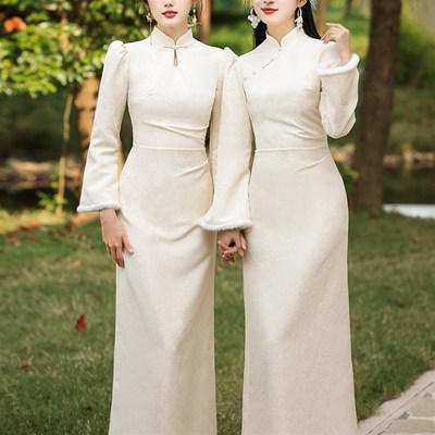 新中式旗袍伴娘服2025新款姐妹团礼服裙女订婚平时可穿秋冬季长袖