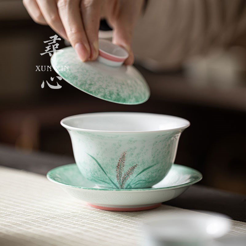 寻心釉下纯手绘芦苇洒绿三才盖碗茶杯单个白瓷薄胎茶碗家用泡茶器