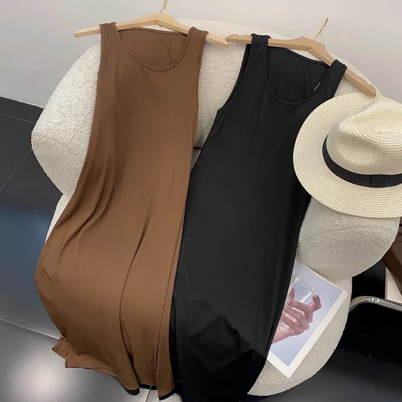 1-300斤大码胖mm抗条无袖连衣裙圆领开叉长裙时尚休闲洋气打底裙2