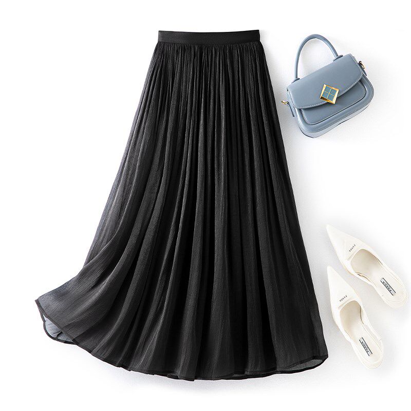 流光沙半身裙加长版高个子长裙珠光纱裙白色百褶裙大码胖mm裙子夏