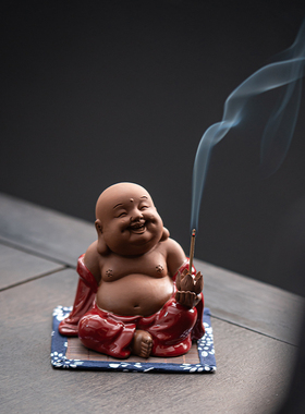 中式陶瓷招财弥勒佛像桌面禅意摆件家用线香器香熏炉香托香盘香座
