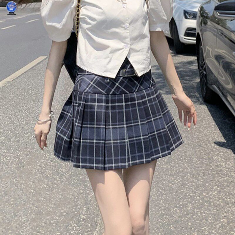 复古格子美式半身裙女大码春季高腰显瘦小个子学院风a字百褶短裙