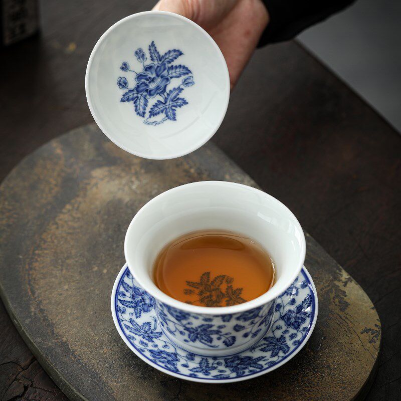 白瓷青花秋葵如玉三才盖碗单个陶瓷高档大号防烫泡茶功夫茶具套装