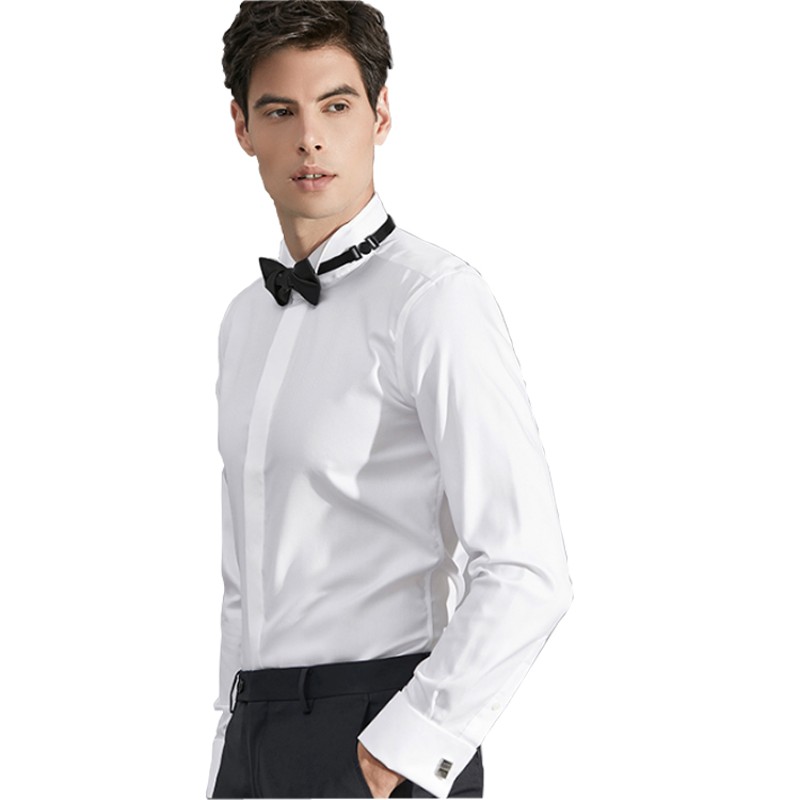 新款演出男士袖扣结婚男长袖白色燕子领礼服衬衫结婚领结衬衫