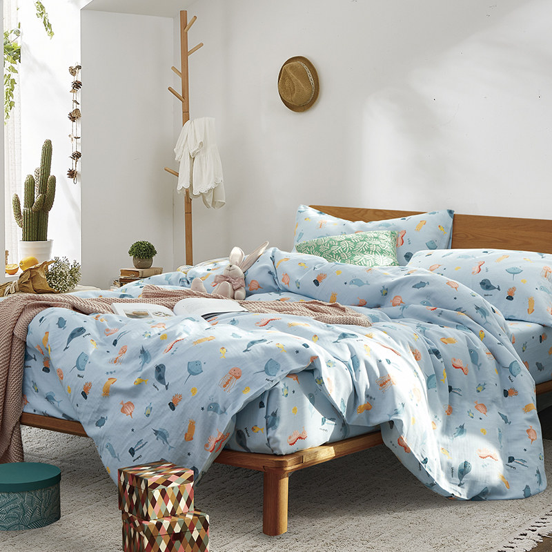 纯棉纱布1.5米/1.8m床四件套双层纱纱布无荧光被套可定做床品