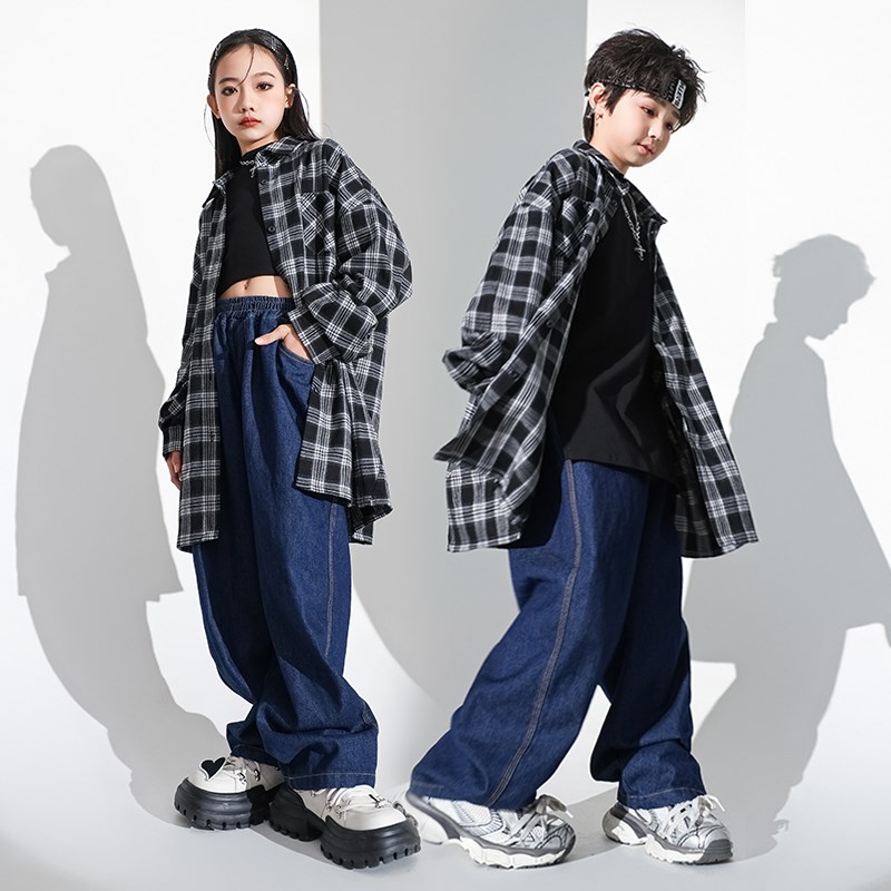 儿童潮酷街舞服男女童帅气格子衬衫走秀套装少儿嘻哈架子鼓演出服