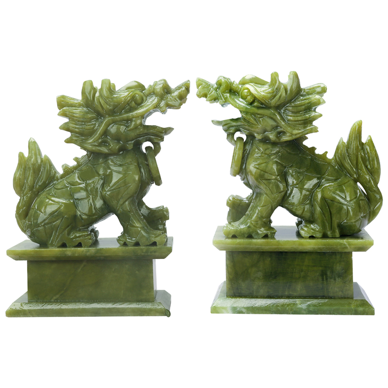 天然一对玉石麒麟玉器客厅办公室玄关酒柜玉雕工艺品装饰品摆件