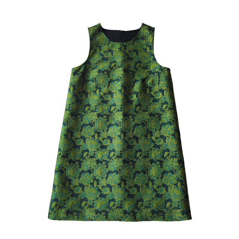 绿色提花非常气质的短款外搭连衣裙新品女春秋冬无袖内搭背心裙