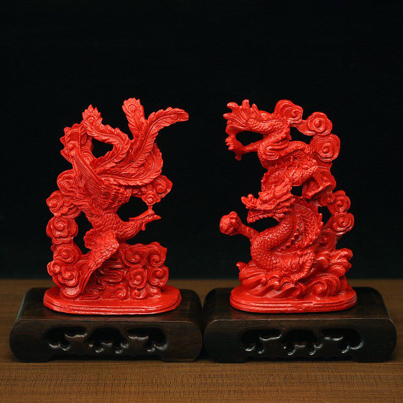 天然朱砂龙凤摆件火凤凰朱雀家居装饰品龙凤呈祥结婚订婚祝福礼物
