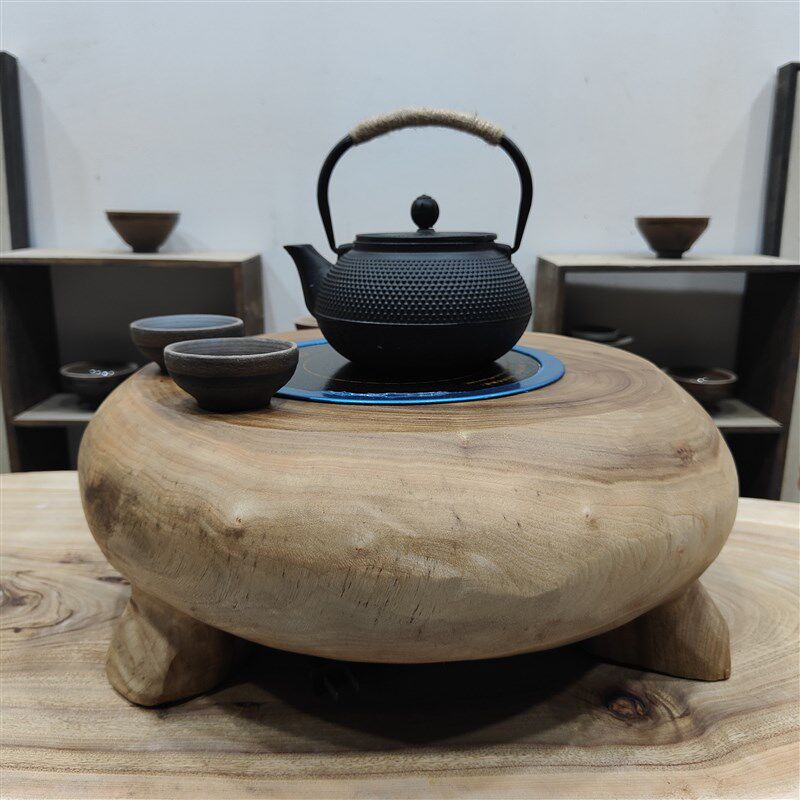 实木围炉电磁炉底座煮茶小型电热水壶茶炉香樟木原木树根大板煮茶
