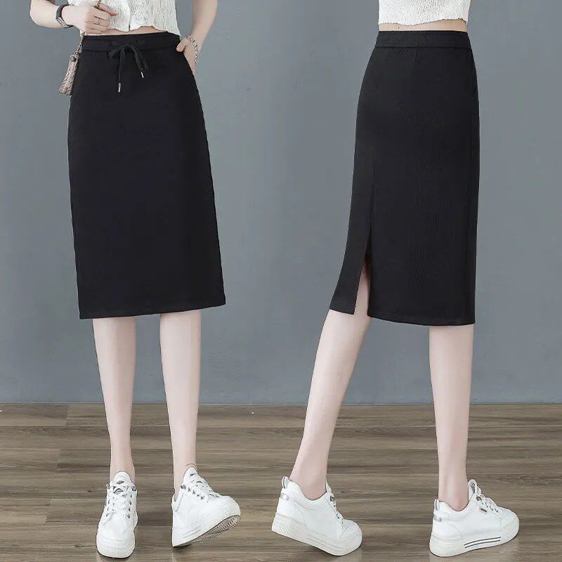 直筒半身裙子女中长款一步包臀裙松紧收腰显瘦遮跨开叉休闲A字裙