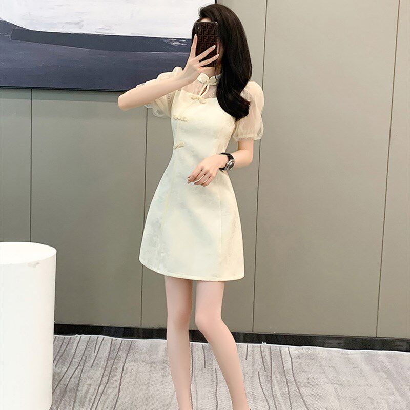 新中式国风连衣裙女夏季小个子显瘦蕾丝拼接改良旗袍新款短款裙子