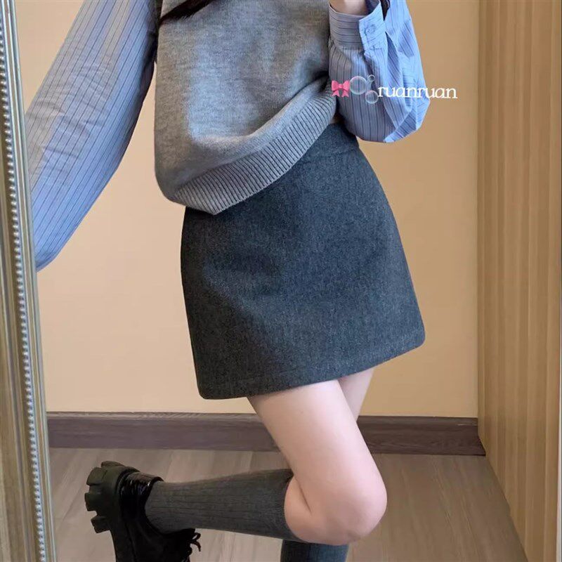 软软//秋冬韩式高级感显瘦小个子毛呢加厚半身A字短裙包臀裙