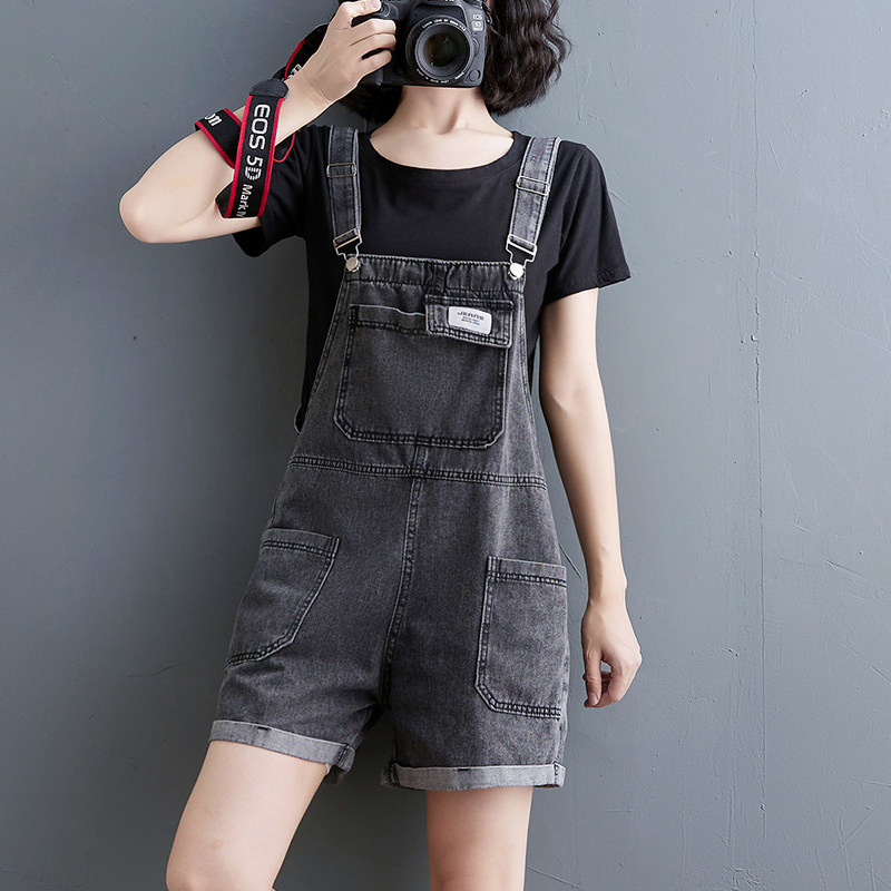 牛仔背带短裤女夏季宽松大码学生百搭小个子吊带连体裤卷边阔腿裤