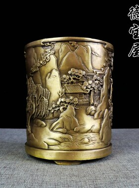 纯铜笔筒摆件黄铜复古笔筒人物笔筒工艺品大号文房用品办公室桌面