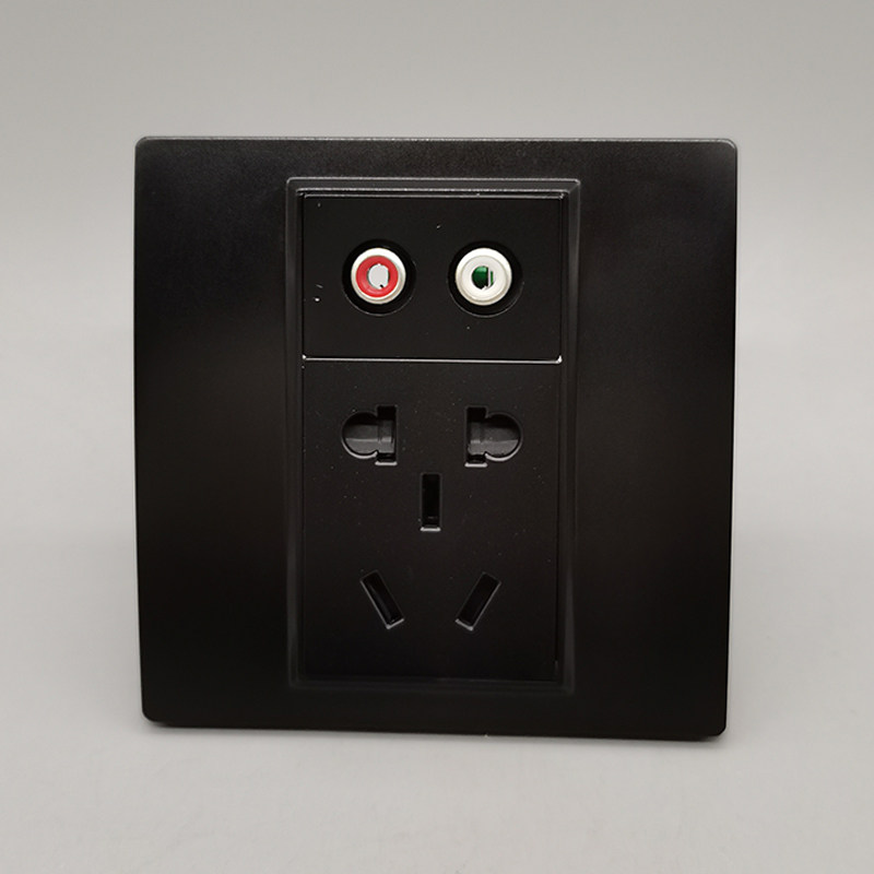 黑色86型五孔电源带红白AV音频免焊接线插座5孔加莲花音频面板