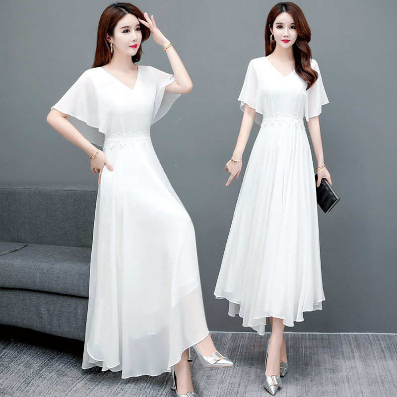 白色雪纺连衣裙夏遮肚显瘦蕾丝裙子荷叶边海边度假沙滩裙长裙女夏