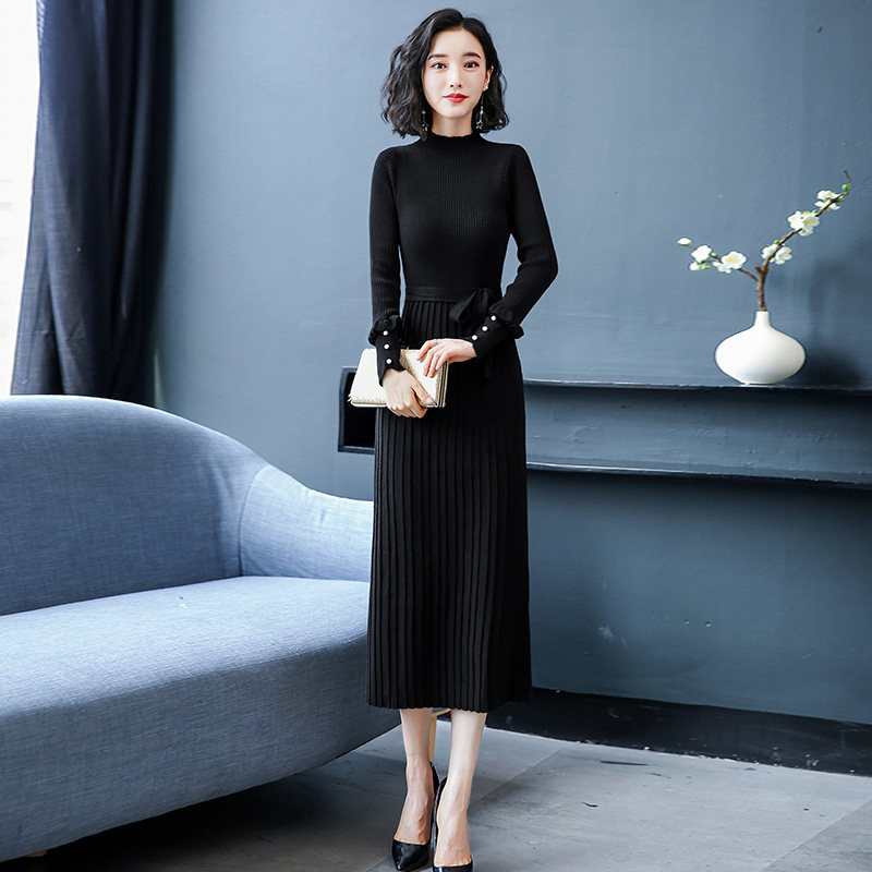 秋冬黑色打底裙修身过膝毛衣长款裙子女冬长裙加厚百褶针织连衣裙