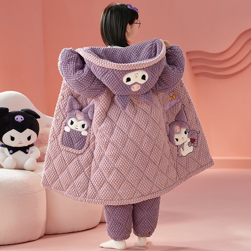 儿童冬季睡衣加厚款三层夹棉珊瑚绒法兰绒睡袍中大女童加绒家居服