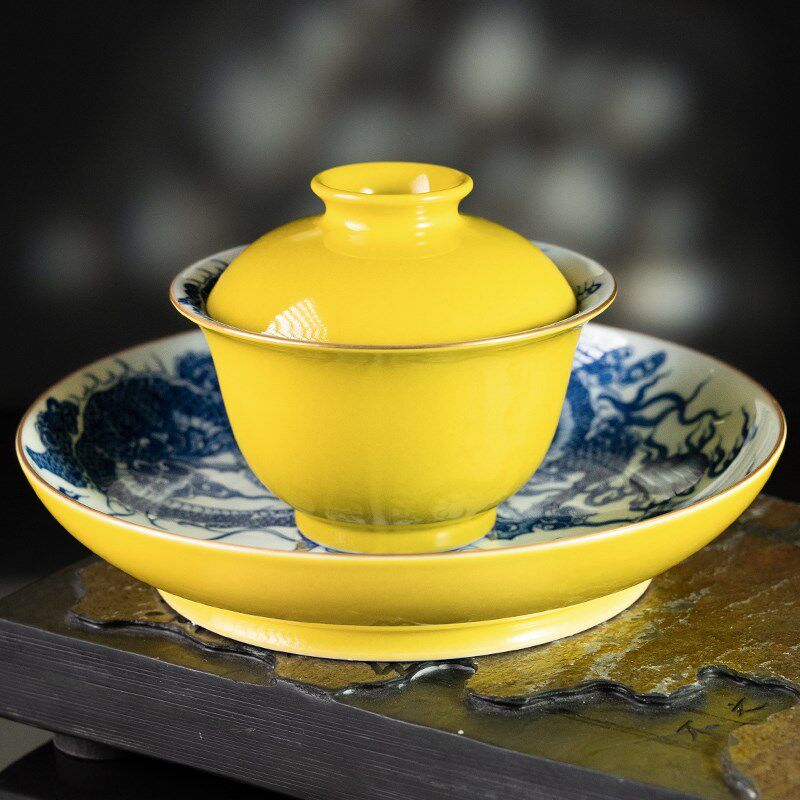 圣山景德镇高温釉下明黄釉描金青花霸龙吐息茶具盖碗茶杯泡茶盖碗