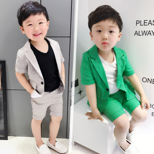 2男童礼服英伦格子小西装3儿童短袖三件套5夏季4岁宝宝7花童套装6