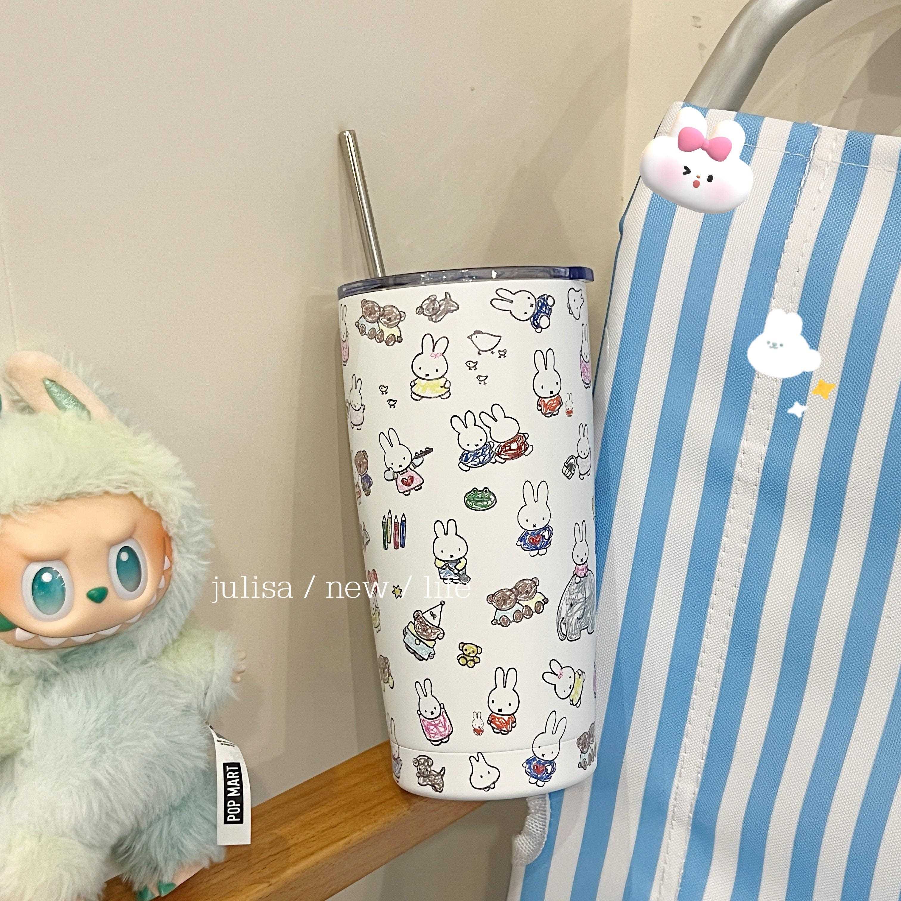 原创绘小兔子乐园插画大容量30手4不锈钢保温杯随手喝水杯吸管子