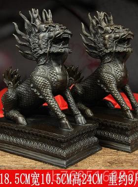 高档铜麒麟件一对公母铜火麒麟家居摆玄关办室司店铺装饰公公工艺