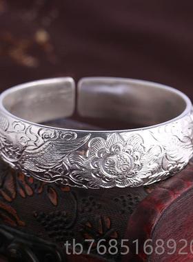 高档宽银手镯老式熟真999手银工定版做订制纯年轻女士宽面款时尚