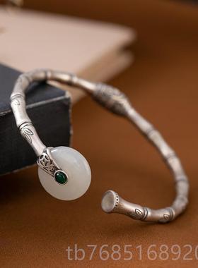 高档竹节玉平妈安扣银手镯活扣复古简约百白搭泰银工艺镀送妈银饰