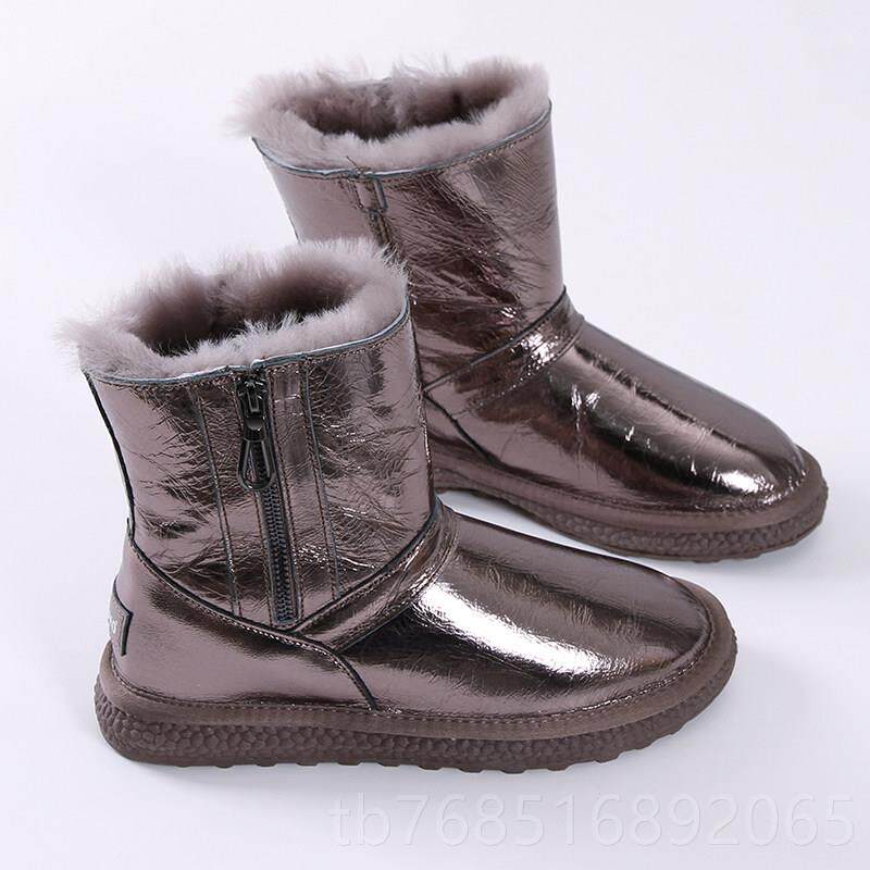 高档中筒雪地靴女款防滑防水侧拉链新面加绒厚加冬季保暖皮棉鞋