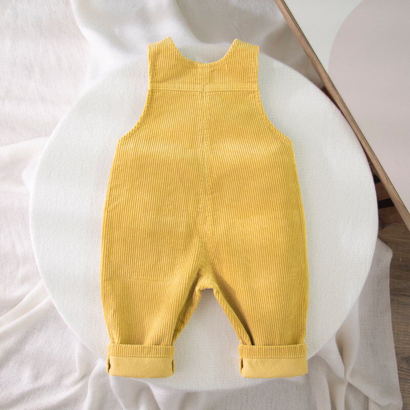 婴儿春季新款灯芯绒背带裤男宝宝背心式条绒吊带裤黄色女宝裤子