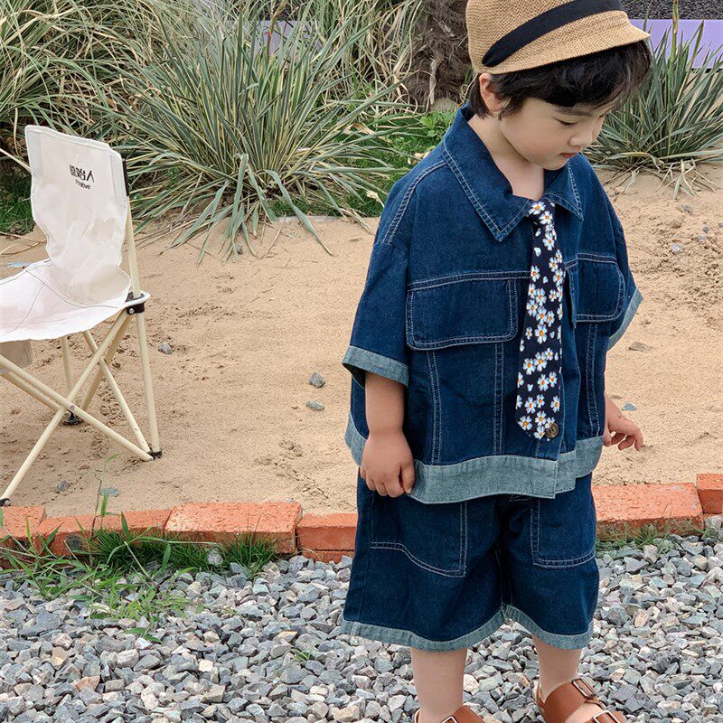 暮晨家新款夏装2024男童薄款棉牛仔短袖衬衫宝宝明线中裤两件套装