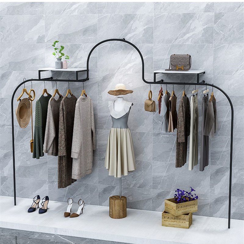 服装店展示架金色铁艺上墙衣服陈列架壁挂旗袍礼服落地婚纱架子